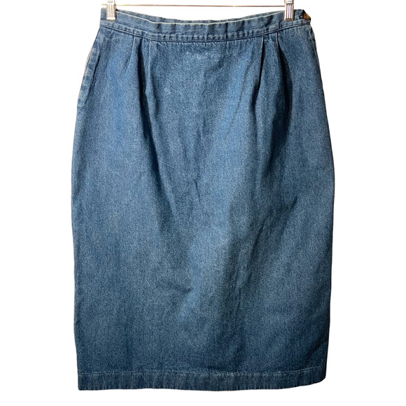 Orvis Denim Skirt Womens 31" Waist Blue Midi Side Zip Back Button Hem Pockets - Picture 1 of 9